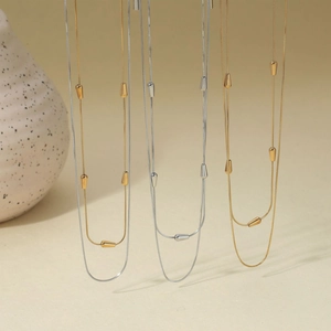 Minimalist double layered stainless steel snake chain necklaces with waterdrop pendants