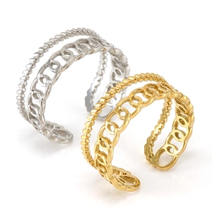 Dual-layer twisted chain and rope pattern open rings in gold and silver stainless steel