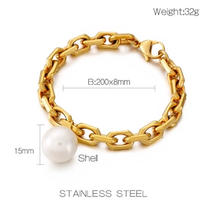 Close-up of titanium steel geometric chain bracelet with white shell pearl and 32g weight