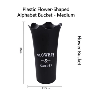 Detail of a 34cm black acrylic flower bucket with wavy rim and garden text print