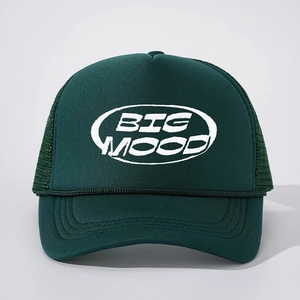 Dark green trucker hat with white BIG MOOD embroidery and braided rope detailing