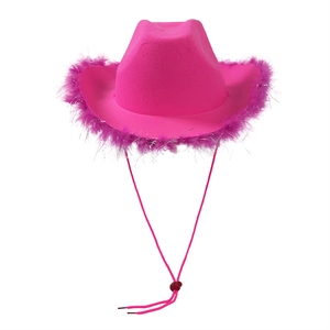 Detail of pink cowboy hat featuring fluffy feather trim and adjustable chin strap cord
