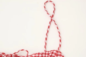 Detailed macro view of red and white gingham pattern fabric with delicate spaghetti strap