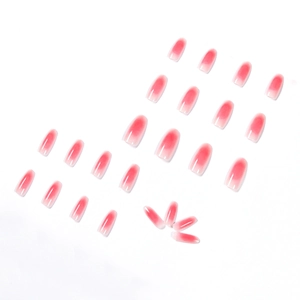Gradient rose pink press-on nails with glossy jelly finish in oval shape set