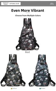 Drei Brusttaschen mit Totenkopfmuster in Rot, Gelb und Grün aus robustem Nylonstoff