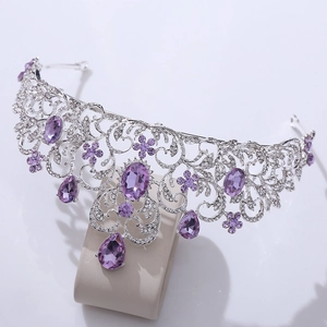 Close-up of luxury bridal tiara with sparkling crystals and elegant purple gemstones