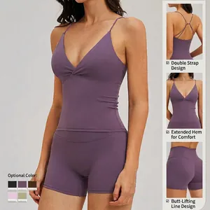 Women's 2-piece yoga set with V-neck cami and high waist shorts in five colors