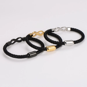 Braided leather bracelets with infinity symbol and magnetic clasp in black and gold finish