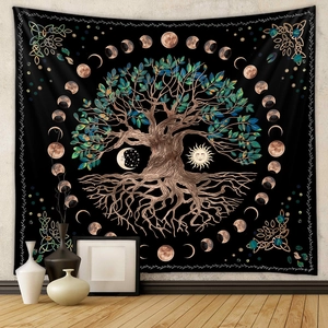 Bohemian Tree of Life wall tapestry featuring moon phases on a dark background