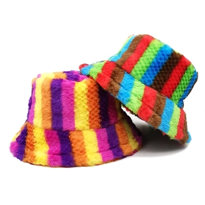 Rainbow Striped Faux Fur Bucket Hat Thickened Warm Colorful Plush Winter Basin Hat For Women Adjustable Sunshade