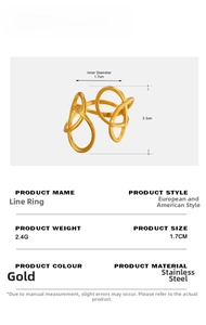 Detail view of gold stainless steel linear ring showing size 2.3cm height and 1.7cm diameter