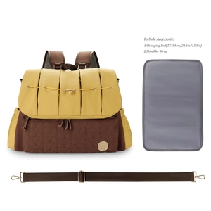 Detail view of large diaper bag with accessories, changing pad and shoulder strap set