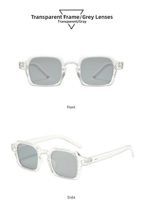 Front and side view of vintage small square sunglasses with transparent gray frames