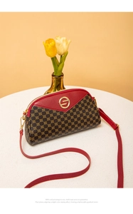 Détail d'un sac bandoulière rétro bicolore avec garniture en cuir rouge et logo doré