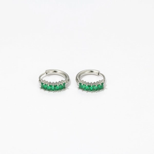 Minimalist silver hoop earrings with five rectangular green zircon stones for women