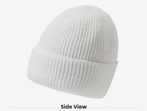 Detailed side view showing the ribbed knit texture and cuff of the white winter beanie