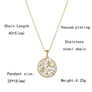 Dettagli della collana con ciondolo tondo dorato con dimensioni e catena in acciaio inox