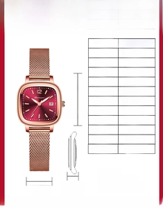 Detailed specs of rose gold square watch with red dial and dimensions 26mm x 8.5mm