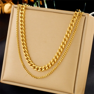 Women Fashion Stainless Steel Double Layered Cuban Chain Necklace Gold Plated Punk Hip Hop Minimalist Jewelry Gift