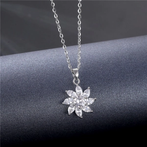 Minimalist silver flower necklace with sparkling zircon pendant on O-chain for women