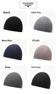 Detail view of ribbed knit beanies showing six colors: black, grey, navy, and khaki