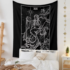 Detail of bohemian Tarot Star tapestry with mermaid design in a cozy bedroom setting