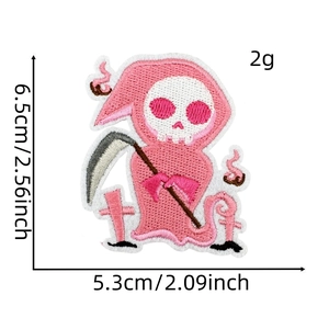 Pink Reaper embroidered patch with scythe and cross design, dimensions 6.5x5.3cm