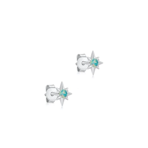 Macro detail of S925 sterling silver star stud earrings with opal stone inlay