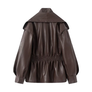 Veste vintage en similicuir marron foncé pour femme avec plis au dos et grand col élégant