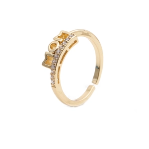 Macro detail of gold-plated MOM ring with sparkling white zircon stones for Mother's Day gift