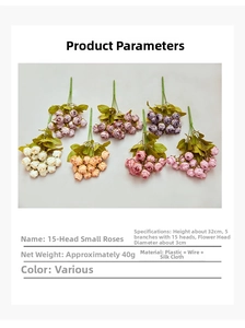 Detailed parameter chart for 15-head artificial silk roses showing 32cm height and material