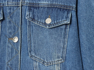 Detail of blue denim jacket showing button pocket with contrast stitching and metal button