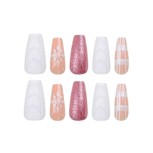 Christmas press-on nails with pink glitter, 3D hearts, and snowflake designs on long coffin shape