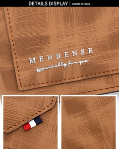 Close-up of brown textured men's wallet with premium stitching and brand logo details