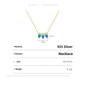 Detail showing S925 silver necklace with blue teardrop gems and sizing parameters