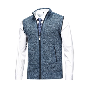 Detail view of men's knitted vest featuring a stand collar, full zipper, and side pockets