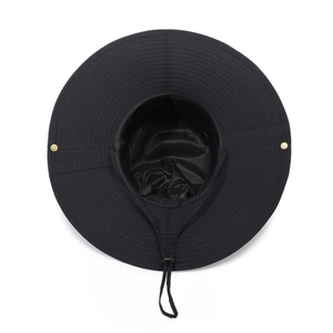 Outdoor wide brim sun hat with mesh lining and adjustable windproof rope in black