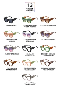 Collection of thirteen colorful cat-eye sunglasses with wide temples and various lenses