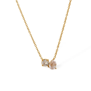 Elegant gold necklace with round and pear-shaped zircon pendants on white background
