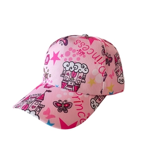 Detailed side view of pink children's baseball cap with Princess and castle prints