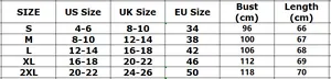 Detailed size chart for women's V-neck petal sleeve shirt showing US EU UK measurements