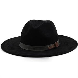 Black wide-brim fedora hat with gray ribbon and brown leather strap for men and women