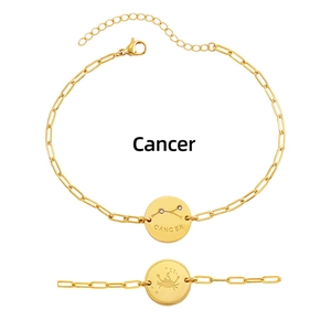 Detail shot of 18K gold plated Cancer zodiac pendant and adjustable chain link bracelet