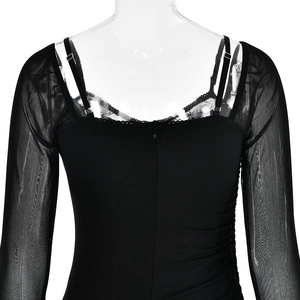 Detail of black slim-fit dress with lace trim, mesh sleeves and a back zipper closure