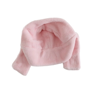 Pink plush bear ear hood for kids with integrated windproof scarf and ear flaps