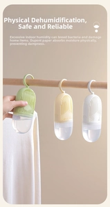 Macro view of hanging capsule dehumidifier with transparent water collector and hook