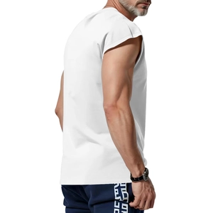 Detail view of white men's sleeveless cotton tank top showing side cut and seam fitment