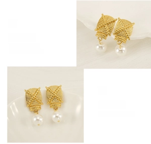 Detailed view of woven texture 18K gold plated earrings with elegant white round pearls