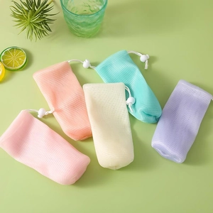 Detail of 5-pack double-layered soap foaming net bags with colorful drawstrings
