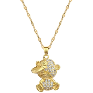 Elegant gold titanium steel necklace with a glittering crystal-paved monkey pendant